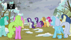 Size: 500x281 | Tagged: safe, derpibooru import, screencap, applejack, bon bon, daisy, flower wishes, fluttershy, linky, pinkie pie, rarity, shoeshine, spring melody, sprinkle medley, sweetie drops, twilight sparkle, twilight sparkle (alicorn), alicorn, pony, tanks for the memories, alternate hairstyle, animated, background pony, discovery family, discovery family logo, female, mare, plot, snow, snowball