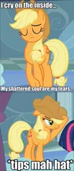 Size: 414x960 | Tagged: safe, derpibooru import, screencap, applejack, twilight sparkle, earth pony, pony, tanks for the memories, accent, applejack cries on the inside, crying inside, female, hat tip, image macro, impact font, mare, meme, tips fedora