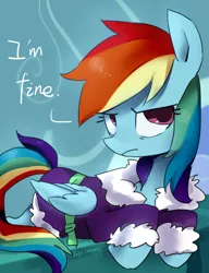 Size: 800x1039 | Tagged: safe, artist:rocy canvas, derpibooru import, rainbow dash, tanks for the memories, bathrobe, clothes, cute, dashabetes, irritated, madorable, pixiv, prone, rainbow dash is not amused, robe, solo, unamused