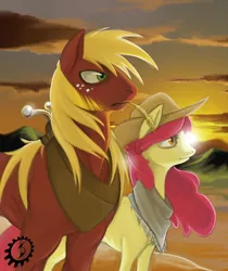 Size: 2953x3508 | Tagged: safe, artist:blackrunewarlock, derpibooru import, apple bloom, big macintosh, earth pony, pony, clothes, frown, male, older, scarf, stallion, sunset