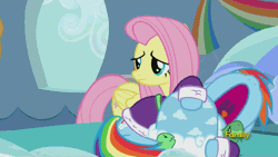Size: 500x281 | Tagged: animated, applejack, bathrobe, clothes, crying, derpibooru import, discovery family, discovery family logo, fluttershy, rainbow dash, safe, screencap, tank, tanks for the memories, tank slippers