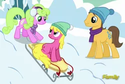 Size: 1372x925 | Tagged: safe, derpibooru import, screencap, caramel, cherry berry, daisy, flower wishes, pony, tanks for the memories, background pony, cap, clothes, discovery family logo, earmuffs, hat, scarf, sled