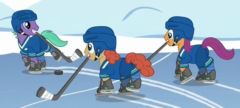 Size: 1589x717 | Tagged: background pony, clothes, derpibooru import, forecheck, helmet, hockey, hockey helmet, hockey puck, hockey stick, ice skates, ice skating, mouth hold, nhl, safe, scootadad, screencap, skates, tanks for the memories, vancouver canucks