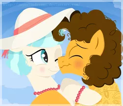 Size: 1104x960 | Tagged: safe, artist:jaquelindreamz, derpibooru import, cheese sandwich, coco pommel, earth pony, pony, boop, cheesecoco, crack shipping, female, hat, jewelry, male, mare, noseboop, scrunchy face, shipping, stallion, straight