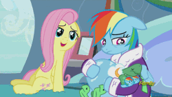 Size: 500x281 | Tagged: safe, derpibooru import, screencap, fluttershy, rainbow dash, tank, tanks for the memories, animated, bathrobe, clothes, crying, cute, dashabetes, dashie slippers, discovery family, discovery family logo, hnnng, robe, shyabetes, tank slippers