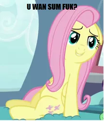 Size: 377x441 | Tagged: bed, bedroom eyes, caption, derpibooru import, edit, edited screencap, floppy ears, fluttershy, fuk, grin, image macro, implied sex, meme, screencap, sitting, smiling, solo, suggestive, tanks for the memories, vulgar