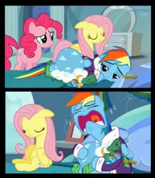 Size: 934x1069 | Tagged: base used, clothes, comic, dashie slippers, derpibooru import, fluttershy, pinkie pie, rainbow dash, safe, screencap, tank, tanks for the memories, tank slippers
