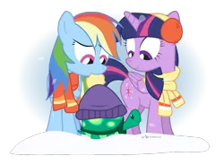 Size: 1020x750 | Tagged: safe, artist:dm29, derpibooru import, rainbow dash, tank, twilight sparkle, twilight sparkle (alicorn), alicorn, pony, tanks for the memories, clothes, duo, earmuffs, female, mare, scarf, simple background, snow, transparent background, wintertime