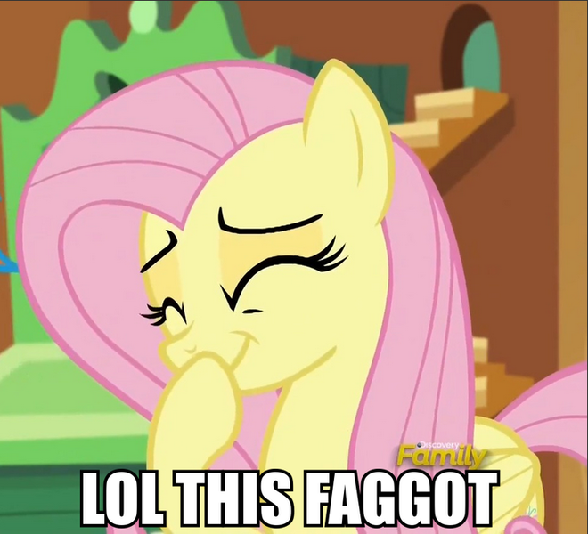 Size: 720x655 | Tagged: derpibooru import, faggot, fluttershy, giggling, image macro, meme, reaction image, safe, screencap, solo, tanks for the memories, vulgar