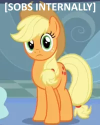 Size: 450x562 | Tagged: applejack, applejack cries on the inside, caption, crying inside, derpibooru import, descriptive noise, edit, edited screencap, meme, safe, screencap, tanks for the memories, unhapplejack, x internally