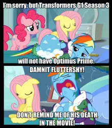 Size: 895x1024 | Tagged: bad news fluttershy, caption, clothes, comic, dashie slippers, death, derpibooru import, edit, edited screencap, fluttershy, optimus prime, pinkie pie, rainbow dash, safe, screencap, tanks for the memories, tank slippers, transformers