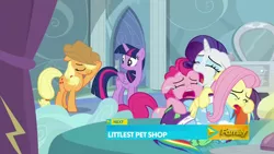 Size: 1280x720 | Tagged: safe, derpibooru import, screencap, applejack, fluttershy, pinkie pie, rainbow dash, rarity, twilight sparkle, twilight sparkle (alicorn), alicorn, pony, tanks for the memories, bathrobe, clothes, cry pile, crying, crying inside, dashie slippers, female, mane six, mare, tank slippers