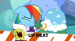 Size: 1077x592 | Tagged: safe, derpibooru import, edit, screencap, rainbow dash, tank, tanks for the memories, clothes, crying, dashie slippers, exploitable meme, hug, image, inappropriate timing spongebob banner, jpeg, laughing, meme, nickelodeon, obligatory pony, spongebob laughs at your misery, spongebob squarepants, spongebob squarepants (character)