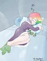 Size: 937x1200 | Tagged: artist:feather, bathrobe, clothes, dashie slippers, derpibooru import, human, humanized, rainbow dash, robe, safe, sleeping, tank, tanks for the memories, tank slippers
