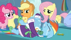 Size: 1920x1080 | Tagged: applejack, bathrobe, clothes, crying, dashie slippers, derpibooru import, fluttershy, pinkie pie, rainbow dash, safe, screencap, tank, tanks for the memories, tank slippers