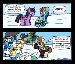 Size: 2480x2117 | Tagged: safe, artist:bobthedalek, derpibooru import, rainbow dash, tank, twilight sparkle, twilight sparkle (alicorn), oc, unnamed oc, alicorn, pegasus, pony, tortoise, tanks for the memories, charlie and the chocolate factory, comic, crossover, female, male, mare, nope, stallion, weather factory, weather factory uniform, willy wonka