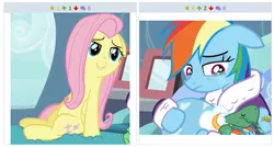 Size: 519x279 | Tagged: bedroom eyes, clothes, crying, dashie slippers, derpibooru, derpibooru import, exploitable meme, fluttershy, juxtaposition, juxtaposition win, lying down, meme, meta, rainbow dash, robe, safe, tank, tanks for the memories