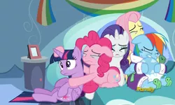 Size: 1681x1009 | Tagged: safe, derpibooru import, screencap, fluttershy, pinkie pie, rainbow dash, rarity, tank, twilight sparkle, twilight sparkle (alicorn), alicorn, pony, tanks for the memories, bathrobe, clothes, cry pile, crying, dashie slippers, female, mare, reaction image, sad, tank slippers