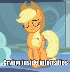 Size: 931x960 | Tagged: applejack, applejack cries on the inside, caption, crying, crying inside, derpibooru import, descriptive noise, image macro, meme, reaction image, safe, screencap, solo, tanks for the memories, unhapplejack, x intensifies