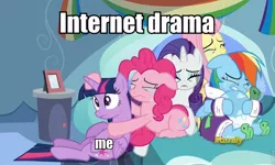 Size: 960x576 | Tagged: safe, derpibooru import, screencap, fluttershy, pinkie pie, rainbow dash, rarity, tank, twilight sparkle, twilight sparkle (alicorn), alicorn, pony, tanks for the memories, clothes, cry pile, dashie slippers, drama, female, image macro, internet drama, mare, meme, metaphor, tank slippers