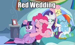 Size: 960x576 | Tagged: safe, derpibooru import, edit, edited screencap, screencap, fluttershy, pinkie pie, rainbow dash, rarity, tank, twilight sparkle, twilight sparkle (alicorn), alicorn, pony, tanks for the memories, a song of ice and fire, caption, clothes, cry pile, dashie slippers, female, game of thrones, image macro, mare, meme, obligatory pony, red wedding, song of ice and fire, spoiler, tank slippers