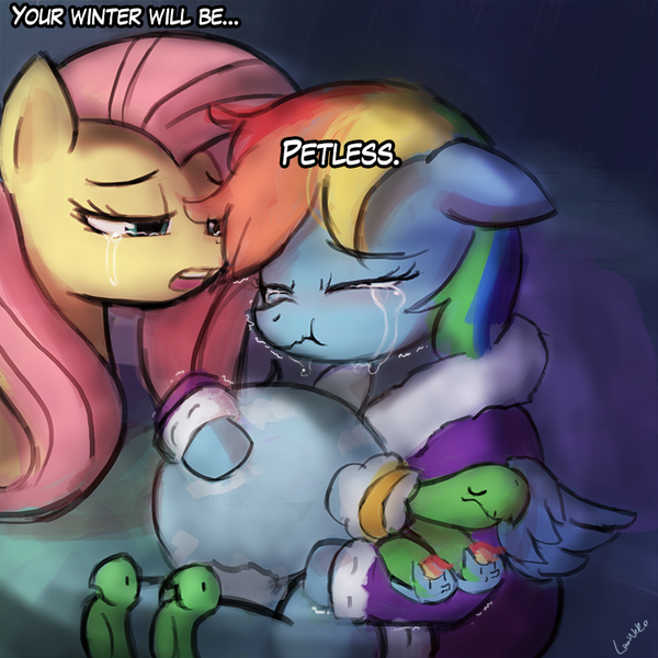 Size: 750x750 | Tagged: safe, artist:lumineko, derpibooru import, fluttershy, rainbow dash, tank, pegasus, pony, tanks for the memories, bathrobe, brutal honesty, clothes, crying, dashie slippers, dialogue, eyes closed, female, mare, open mouth, tank slippers