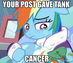 Size: 574x494 | Tagged: clothes, crying, dashie slippers, derpibooru import, edit, edited screencap, image macro, meme, rainbow dash, reaction image, safe, screencap, tank, tanks for the memories, that post gave me cancer