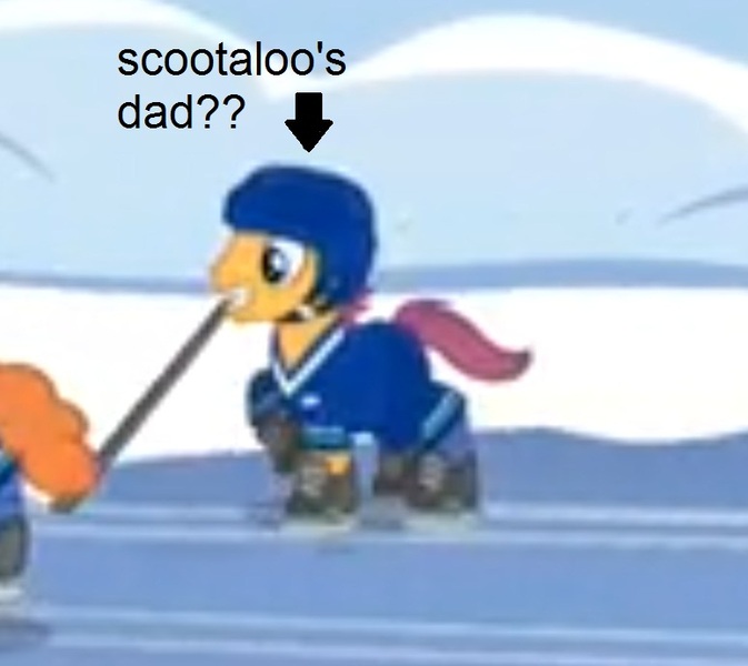 Size: 775x691 | Tagged: safe, derpibooru import, screencap, forecheck, scootaloo, tanks for the memories, caption, harsher in hindsight, helmet, hockey, hockey stick, ice hockey, ice skates, image macro, male, mouth hold, needs more jpeg, scootadad, scootaloo's parents, solo focus, stallion, text