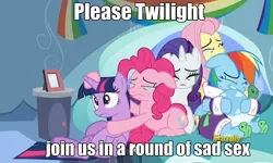 Size: 1280x768 | Tagged: suggestive, derpibooru import, edit, edited screencap, screencap, fluttershy, pinkie pie, rainbow dash, rarity, tank, twilight sparkle, twilight sparkle (alicorn), alicorn, pony, tanks for the memories, bathrobe, caption, clothes, crying, dashie slippers, female, image macro, imminent sex, implied sex, mare, meme, robe, sad sex, tank slippers