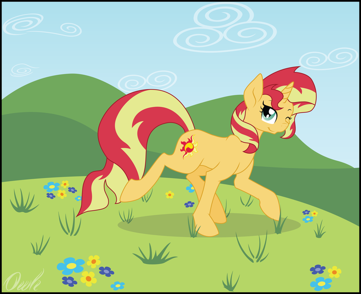 Size: 10338x8439 | Tagged: safe, artist:owlisun, derpibooru import, sunset shimmer, pony, unicorn, absurd resolution, cutie mark, female, flower, happy, mare, meadow, sky, smiling, solo, vector