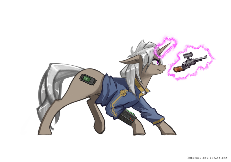 Size: 2008x1414 | Tagged: safe, artist:rublegun, derpibooru import, oc, oc:littlepip, unofficial characters only, pony, unicorn, fallout equestria, fanfic, alternate design, clothes, fanfic art, female, floppy ears, glowing horn, gun, handgun, hooves, horn, levitation, little macintosh, magic, mare, pipbuck, revolver, simple background, smiling, solo, telekinesis, vault suit, weapon, white background