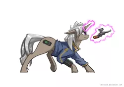 Size: 2008x1414 | Tagged: safe, artist:rublegun, derpibooru import, oc, oc:littlepip, unofficial characters only, pony, unicorn, fallout equestria, fanfic, alternate design, clothes, fanfic art, female, floppy ears, glowing horn, gun, handgun, hooves, horn, levitation, little macintosh, magic, mare, pipbuck, revolver, simple background, smiling, solo, telekinesis, vault suit, weapon, white background