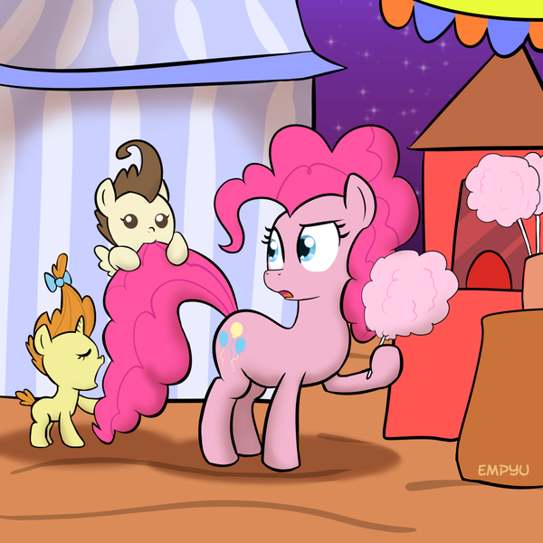 Size: 1000x1000 | Tagged: safe, artist:empyu, derpibooru import, pinkie pie, pound cake, pumpkin cake, earth pony, pegasus, pony, unicorn, 30 minute art challenge, cake twins, carnival, colt, cotton candy, cotton candy tail, female, filly, foal, food, male, mare, tail bite