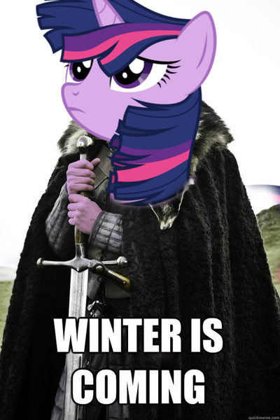 Size: 492x738 | Tagged: derpibooru import, game of thrones, meme, safe, spoiler, tanks for the memories, twilight sparkle, twilight starkle, windswept mane, winter is coming