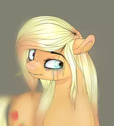 Size: 1024x1126 | Tagged: applejack, artist:sofilut, crying inside, derpibooru import, floppy ears, hatless, missing accessory, running makeup, safe, simple background, solo