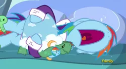 Size: 1481x814 | Tagged: bathrobe, clothes, crying, dashie slippers, derpibooru import, nose in the air, rainbow dash, safe, screencap, slippers, tank, tanks for the memories, tank slippers, volumetric mouth