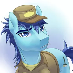 Size: 720x720 | Tagged: safe, artist:tarenest, derpibooru import, deep clean, earth pony, pony, bloom and gloom, clothes, cute, hat, janitor, looking at you, male, shirt, stallion, undershirt, uniform
