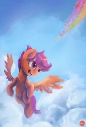 Size: 2408x3536 | Tagged: artist:lukeine, cloud, derpibooru import, eye reflection, flying, implied rainbow dash, rainbow trail, reflection, safe, scootaloo, scootaloo can fly, sky, solo