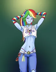 Size: 695x900 | Tagged: suggestive, artist:donutwish, derpibooru import, rainbow dash, equestria girls, 20% cooler, armpits, belly button, bellyring, clothes, glowstick, midriff, multiple variants, panties, piercing, solo, torn jeans, underwear