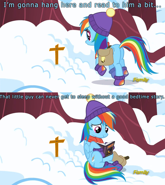 Size: 800x897 | Tagged: book, boots, cap, clothes, cross, death, derpibooru import, edit, grave, hat, implied death, rainbow dash, reading, sad, saddle bag, safe, scarf, screencap, snow, solo, tanks for the memories, tearjerker, winter, winter outfit