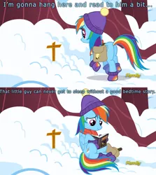 Size: 800x897 | Tagged: book, boots, cap, clothes, cross, death, derpibooru import, edit, grave, hat, implied death, rainbow dash, reading, sad, saddle bag, safe, scarf, screencap, snow, solo, tanks for the memories, tearjerker, winter, winter outfit