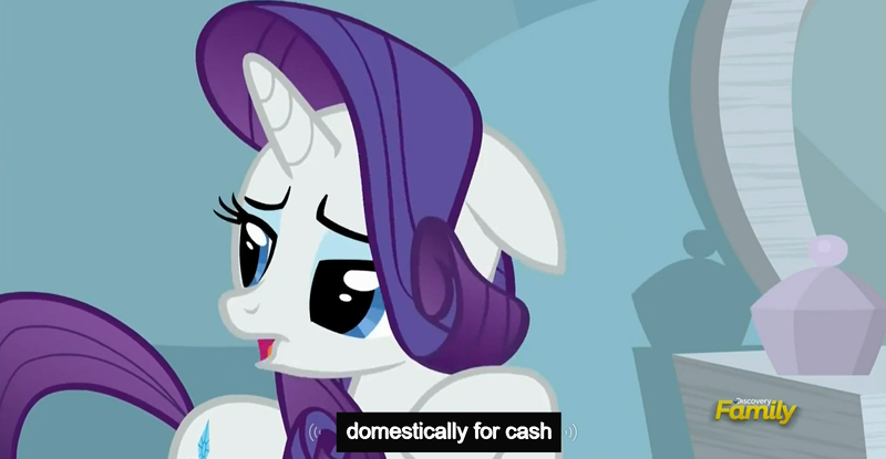 Size: 1600x830 | Tagged: safe, derpibooru import, edit, edited screencap, screencap, rarity, tanks for the memories, caption, discovery family logo, meme, youtube caption