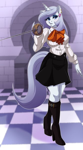 Size: 666x1199 | Tagged: safe, artist:g-blue16, derpibooru import, oc, oc:platinum decree, unofficial characters only, anthro, unicorn, anthro oc, bedroom eyes, boots, clothes, cosplay, ear piercing, earring, fencing, high heel boots, high heels, looking at you, makeup, mitsuru kirijo, persona 3, piercing, rapier, skirt, solo, tail, weapon