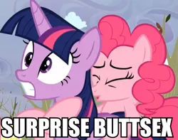 Size: 711x559 | Tagged: suggestive, derpibooru import, edit, edited screencap, screencap, pinkie pie, twilight sparkle, twilight sparkle (alicorn), alicorn, earth pony, pony, tanks for the memories, caption, female, image macro, implied anal, implied sex, lesbian, mare, meme, out of context, shipping, surprise buttsex, twinkie