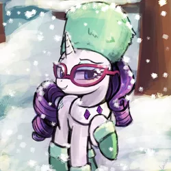 Size: 750x750 | Tagged: safe, artist:lumineko, derpibooru import, rarity, pony, unicorn, tanks for the memories, booties, clothes, collar, female, giant hat, glasses, hat, looking at you, mare, raised hoof, snow, snowfall, solo, sunglasses, winter outfit