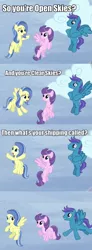 Size: 631x1709 | Tagged: safe, derpibooru import, clear skies, open skies, sunshower, pegasus, pony, tanks for the memories, comic, female, flying, male, mare, open clear skies, screencap comic, shipping, stallion, straight, trio