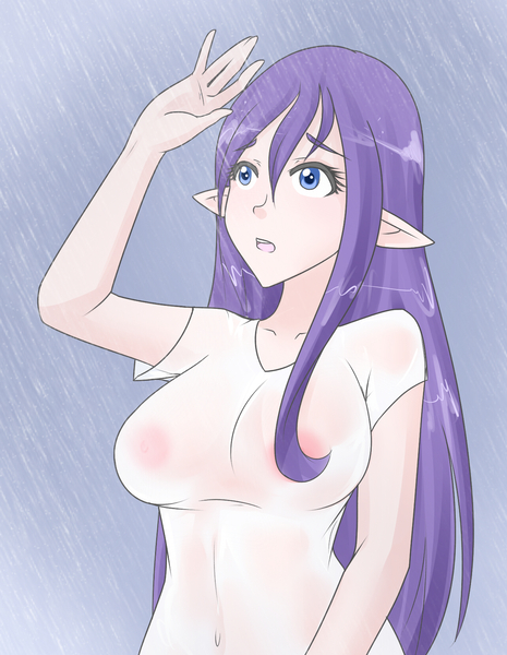 Size: 1280x1650 | Tagged: 30 minute art challenge, artist:jonfawkes, big breasts, breasts, busty rarity, derpibooru import, elf ears, female, human, humanized, looking up, nipples, open mouth, questionable, rain, rarity, see-through, solo, solo female, wet, wet hair, wet mane rarity, wet shirt