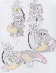 Size: 2550x3300 | Tagged: safe, artist:lacedra, derpibooru import, angel bunny, discord, fluttershy, discoshy, female, male, shipping, straight, traditional art