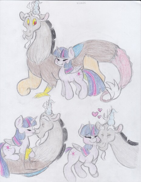 Size: 2550x3300 | Tagged: safe, artist:lacedra, derpibooru import, discord, twilight sparkle, twilight sparkle (alicorn), alicorn, pony, discolight, female, male, mare, shipping, straight, traditional art