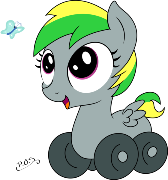 Size: 864x925 | Tagged: artist:midnightblitzz, butterfly, colored, cute, derpibooru import, eyes on the prize, female, filly, happy, oc, ocbetes, oc:wheely bopper, open mouth, original species, safe, simple background, smiling, solo, transparent background, unofficial characters only, vector, weapons-grade cute, wheelpone